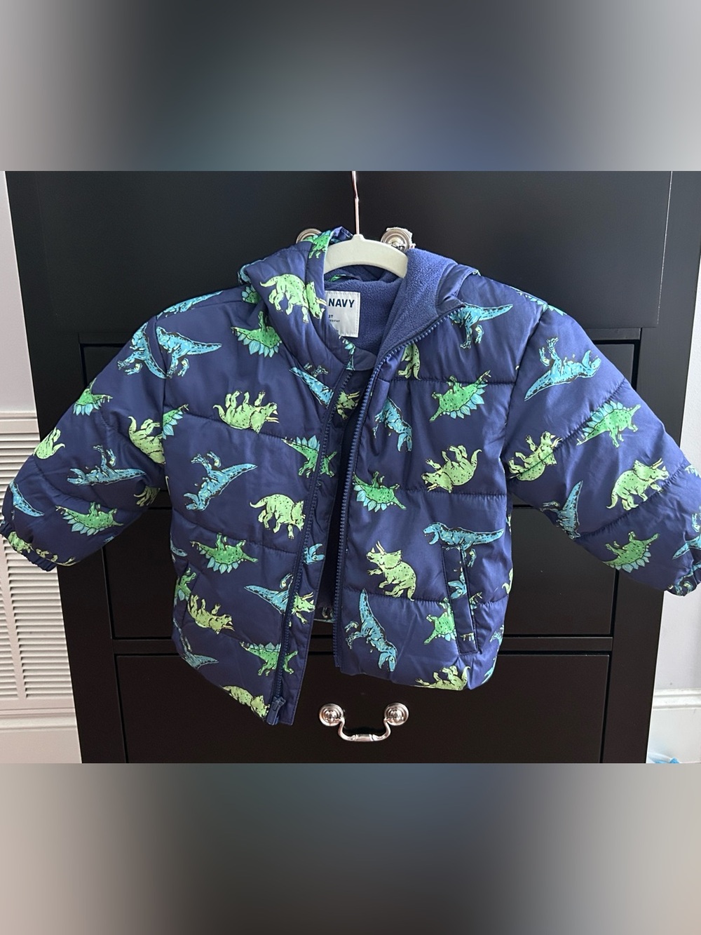 Old Navy Navy Blue Puffer Jacket with Green Dino Print